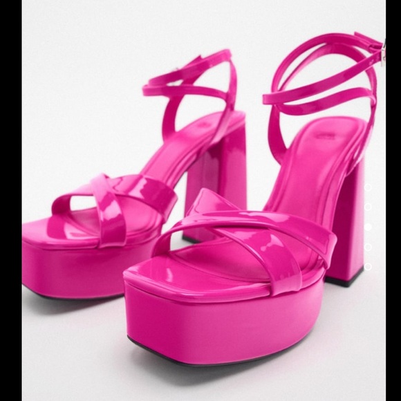 Zara strappy chunky heeled pink patent finish platforms sandals